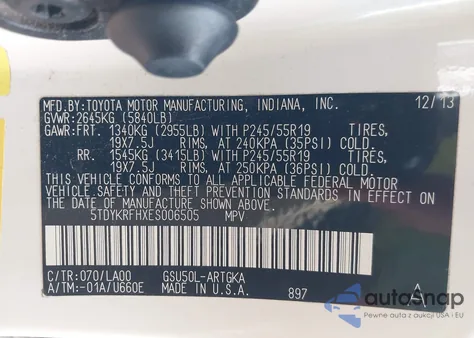 2014 Toyota Highlander Limited V6 from USA, damaged, VIN 5TDYKRFHXES006505